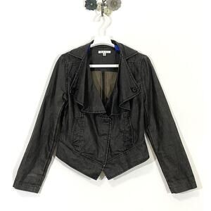 CAbi #901 Women's Black Waxed Linen Snap Moto Jacket Size Small Ruffled Collar